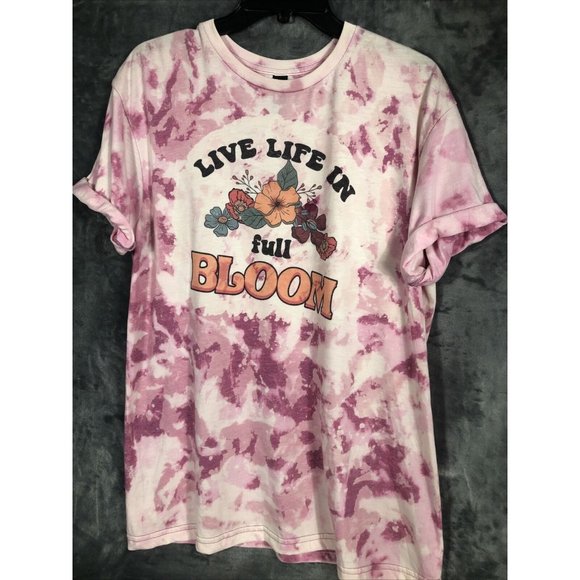 Tie-Dye Tops - Live Life In Full Bloom Women’s Tie Dye Bleached T-Shirt Size Adult Large Hippie